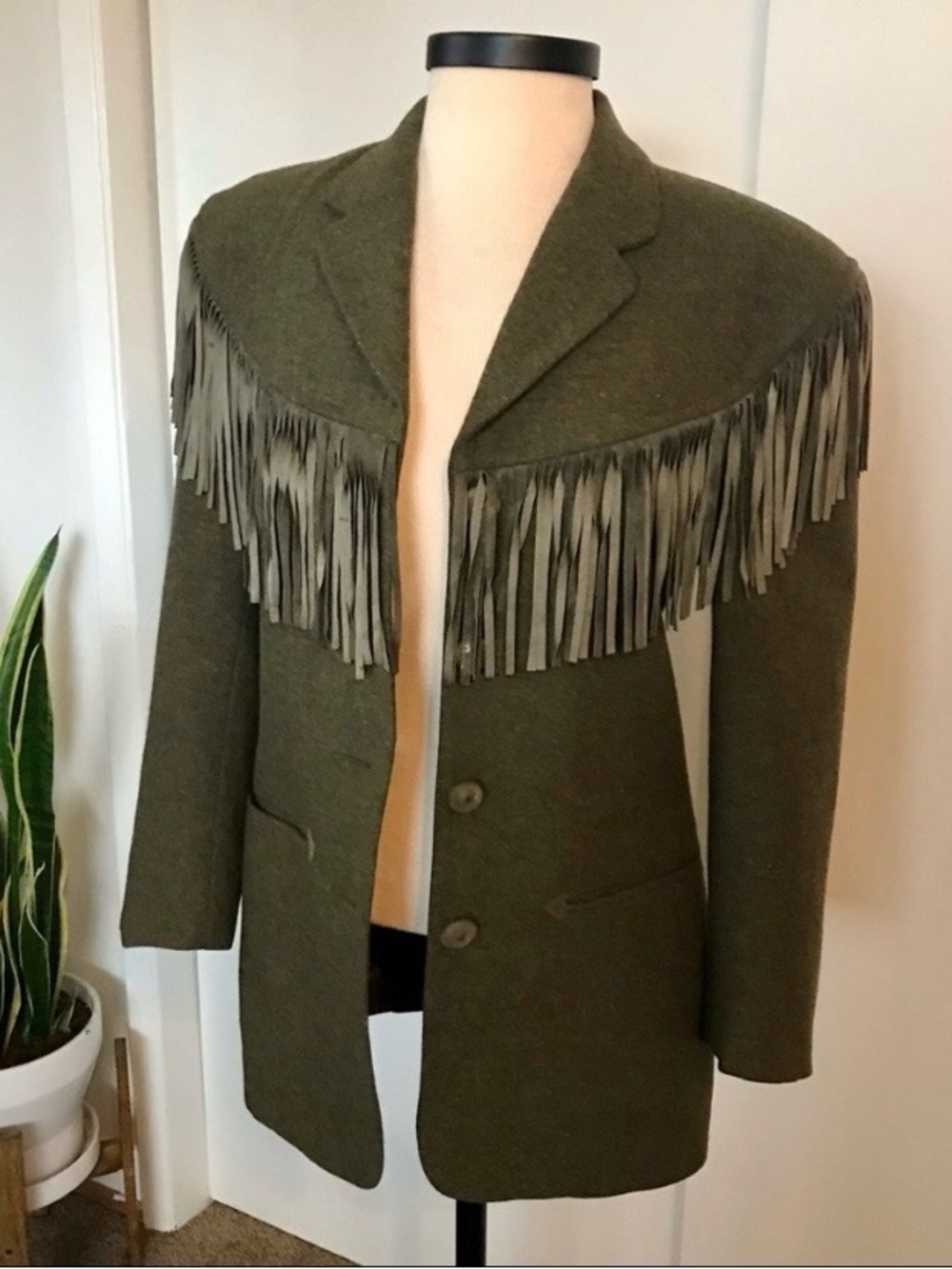 Vintage Max Studio wool fringe blazer western riding jacket olive green